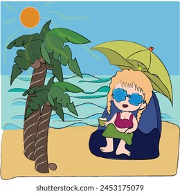 Deck Chair at Poolside or Beach Drinking Cocktail. Female Character Spend Time Outdoor on Exotic Resort, Girl Enjoying Spare Time Relax. Cartoon Vector Illustration.