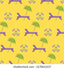 Deck chair seamless pattern. Icon anchor, lifebuoy, sunshade, day-bed in flat design. Beach background with chaise longue. Design for print on fabric, wrapping paper, packaging. Vector illustration