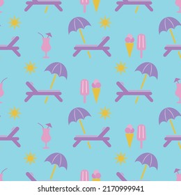 Deck chair seamless pattern. Icon ice cream, cocktail, sunshade, day-bed in flat design. Beach background with chaise longue. Design for print on fabric, wrapping paper, packaging. Vector illustration