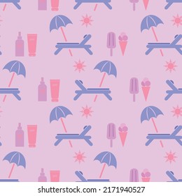 Deck chair seamless pattern. Icon ice-cream, sunscreen, sunshade, day-bed in flat design. Beach background with chaise longue. Design for print on fabric, wrapping paper, packaging.Vector illustration