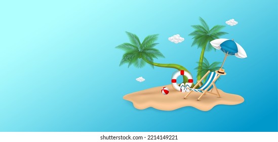 Deck chair sitting and Beach umbrella on sand pile the beach with coconut tree, Cloud floating in mid air. Ad template banner for making ad media about tourism. Summer travel concept. 3D Vector.