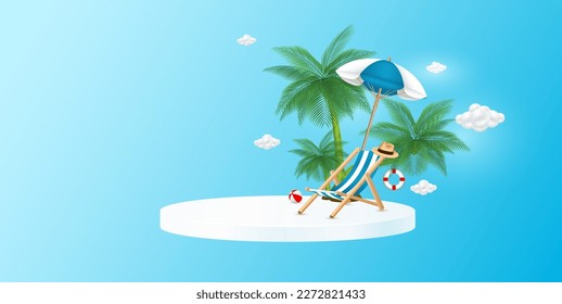 Deck chair sitting beach umbrella and coconut tree on white podium. Banner for making tourism. Travel summer vacation concept. 3D Vector.