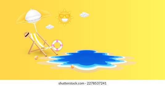 Deck chair sitting beach umbrella yellow on seaside with cloud blue sea waves. Sun and clouds float in the air. Banner for making tourism. Summer vacation travel paradise beach concept. 3D Vector.