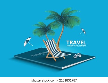 Deck chair for sitting on the beach and volleyball are placed on the  of the passport blue cover and behind it is a coconut tree and an umbrella floating in mid-air,vector 3d for summer travel concept