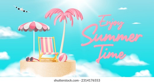 Deck chair for Summer and Beach things in 3d realistic art style with pastel color vector illustration