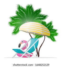 Deck chair and sun umbrella with yellow stripes isolated on white background. Palm trees and pink flamingo swimming circle. Design element on the theme of summer and leisure. Vector illustration