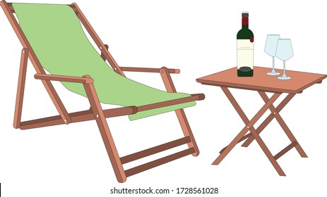 Deck chair and table and wine bottle