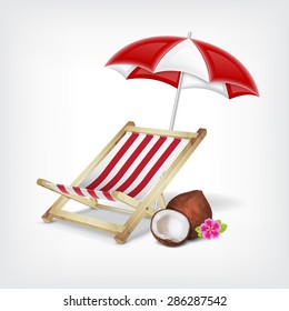 Deck chair, umbrella and coconut with flower. EPS10 vector