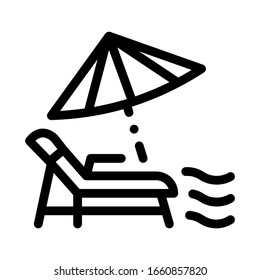 Deck Chair With Umbrella Icon Thin Line Vector. Thailand Vacation Beach Equipment Recliner With Umbrella Concept Linear Pictogram. Monochrome Outline Sign Isolated Contour Symbol Illustration