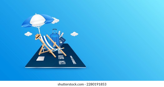 Deck chair umbrella and luggage, air ticket passport on credit card. Copy space for text. Travel with credit card. Special privileges buy pay transfer money locally abroad all over the world. Vector.