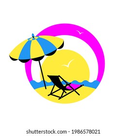 Deck chair and umbrella on the beach. Summer vacation concept, vacation, travel. Vector stock illustration. 