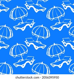 deck chair and umbrella on the beach seamless summer doodle background. tourism, sea, recreation