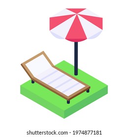 A deck chair with the umbrella on head representing sunbed isometric icon 