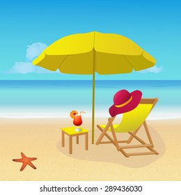 Deck chair with umbrella on idyllic tropical  sandy beach. Summer background. eps 10 vector illustration