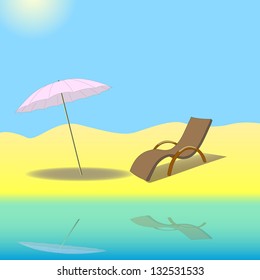 Deck chair and umbrella with reflection on the water at the beach.