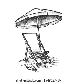 Deck Chair With Umbrella And Slippers Ink Vector. Relax Wooden And Fabric Chair, Parasol And Sneakers On Beach Sand. Coast Tool Engraving Template Designed In Retro Style Black And White Illustration