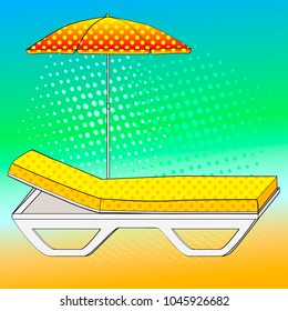 Deck chair under an umbrella on sandy beach. Comic book style imitation. Vintage retro style. Conceptual illustration object