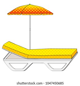 Deck chair under an umbrella on sandy beach. Object on a white background. Vintage retro style. Conceptual illustration object