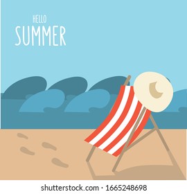 Deck chair with white-red stripes on the beach. Waves on the sea. Foot prints on sand. Flat vector illustration.