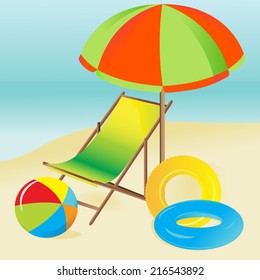 Deck chair,beach ball,swim ring,beach Umbrella on beach. 