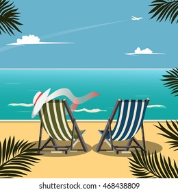 Deck chairs on the beach. Cartoon colorful vector illustration