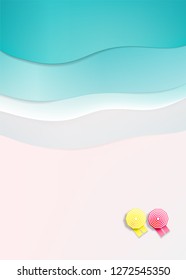 Deck chairs on the beach with ocean background for summer in paper art style vector illustration