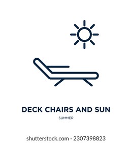 deck chairs and sun icon from summer collection. Thin linear deck chairs and sun, summer, beach outline icon isolated on white background. Line vector deck chairs and sun sign, symbol for web and 