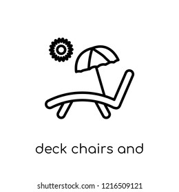 deck chairs and sun icon. Trendy modern flat linear vector deck chairs and sun icon on white background from thin line Summer collection, outline vector illustration