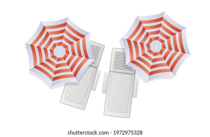 Deck chairs with sun umbrellas top view isolated on white background. Vector illustration.
