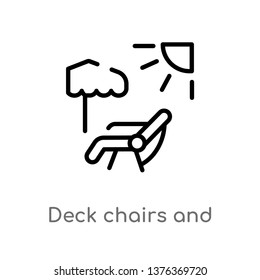 deck chairs and sun vector line icon. Simple element illustration. deck chairs and sun outline icon from summer concept. Can be used for web and mobile