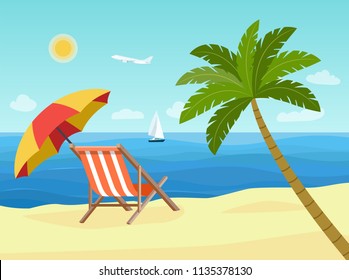 Deck Chairs And Umbrella Beach On The Beach. Vector Flat Style Illustration.