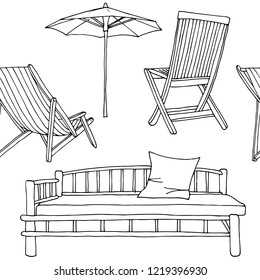 Deck chairs and umbrella vector seamless pattern, hand drawn vacation beach illustration