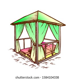 Deck Chairs Under Canopy On Beach Vintage Vector. Chairs Under Sunshade. Elegant Fashion And Idyllic Lounge Zone Engraving Layout Designed In Retro Style Color Illustration