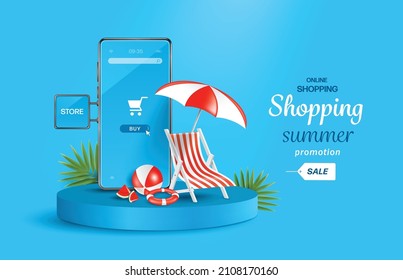 Deck chairs,lifebuoys,volleyball and umbrellas are placed in front of the smartphone shop with a buy icon on the screen.all placed on circular pedestal,vector3d for online shopping summer sale