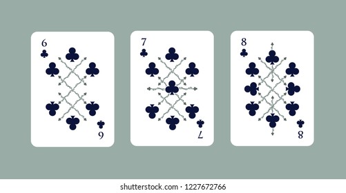 Deck of clubs. From six to eight of clubs. Rods surrounded by stems of trees.