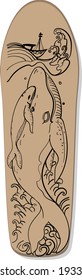 Diseño de cubiertas y patineta de surf dibujada a mano , estilo tatuaje japonés y skateboard contorno.