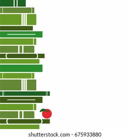 Deck of green books and red apple on white background. Vector flat illustration. Flat reading wallpaper. Vector illustration. Education logo.  Science card.