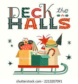 Deck Halls Christmas Ornaments Fancy Vector illustration. Festive holiday decoration, ornate gift boxes on Santa sleigh isolated cartoon. Christmas, New Year sale, seasonal greeting web, print design