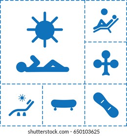 Deck icon. set of 6 deck filled icons such as sunbed, clubs, snow board, man laying in sun, man laying in the sun