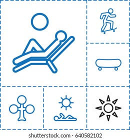 Deck icon. set of 6 deck outline icons such as clubs, sunbed, man laying in sun, man laying in the sun, skateboard
