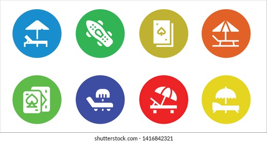 deck icon set. 8 filled deck icons.  Collection Of - Sunbed, Playing cards, Skateboard, Deck