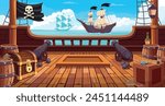 Deck on a pirate ship with cannons, pirate flag, barrels and boxes and with a treasure chest. Hand drawing game background. Vector. Cartoon style illustration.