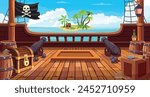 Deck on a pirate ship with cannons, pirate flag, barrels and boxes and with a treasure chest with an island on the horizon. Hand drawing game background. Vector. Cartoon style illustration.