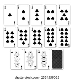 A deck of playing cards clubs. A poker set with individual cards. Playing cards for poker.