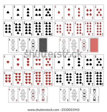 A deck of playing cards. A poker set with individual cards. Playing cards for poker, a full deck.