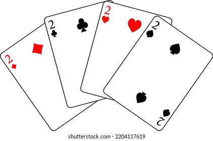 A deck of playing poker cards. Cards of different suits. Two of cards: diamonds, spades, hearts, clubs. Vector illustration.