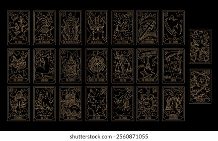 deck of Tarot cards, a golden outline on dark. Part of the set of senior arcana. Handmade vector with engraving. Occult, alchemical symbolism. Fool, magician, high priestess, Empress, Emperor, lovers