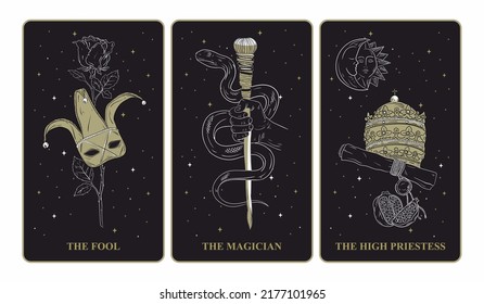 A deck of Tarot cards. Part 1 of the arcana set. Vector hand engraving style. Occult and alchemical symbols. Fool, mage, high priestess.