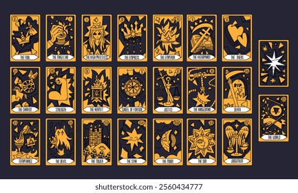 deck of Tarot cards, three colors and gold. Part of the set of senior arcana. Handmade vector style with engraving. Occult and alchemical symbolism. Fool, magician, high priestess, Empress, Emperor