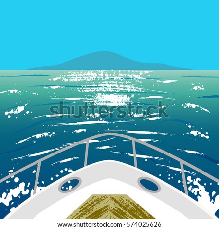 Deck of yacht and island in ocean